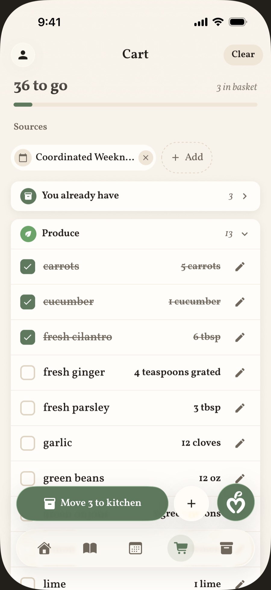 The shopping cart grouped by aisle, with three checked items and a button that moves them into the kitchen.