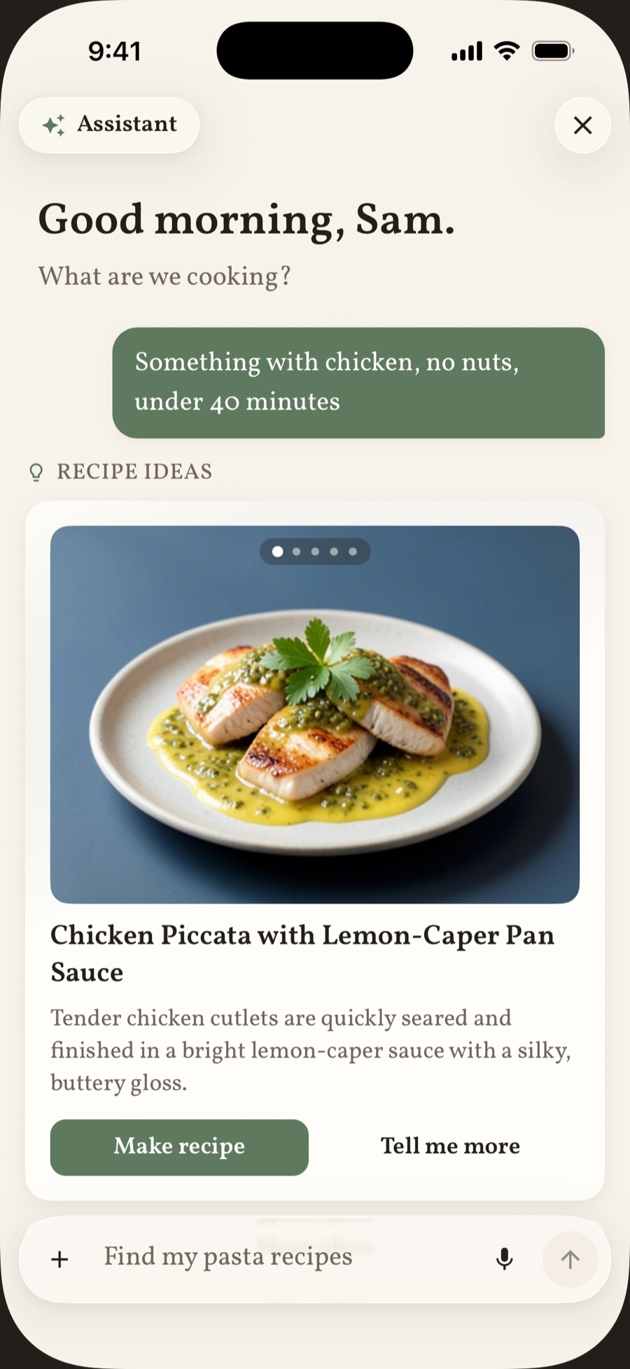The MealPartner chat: a greeting, a request for a chicken dinner without nuts, and a recipe idea card with a photo, Chicken Piccata with Lemon-Caper Pan Sauce.