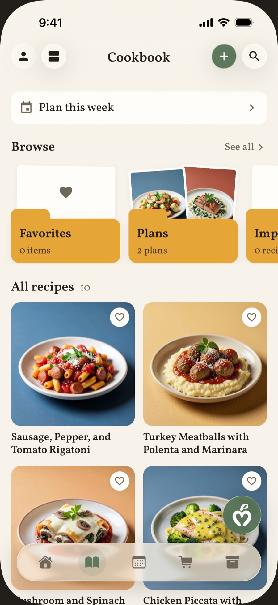 The cookbook tab with folders for favorites and plans and a grid of recipe photos.