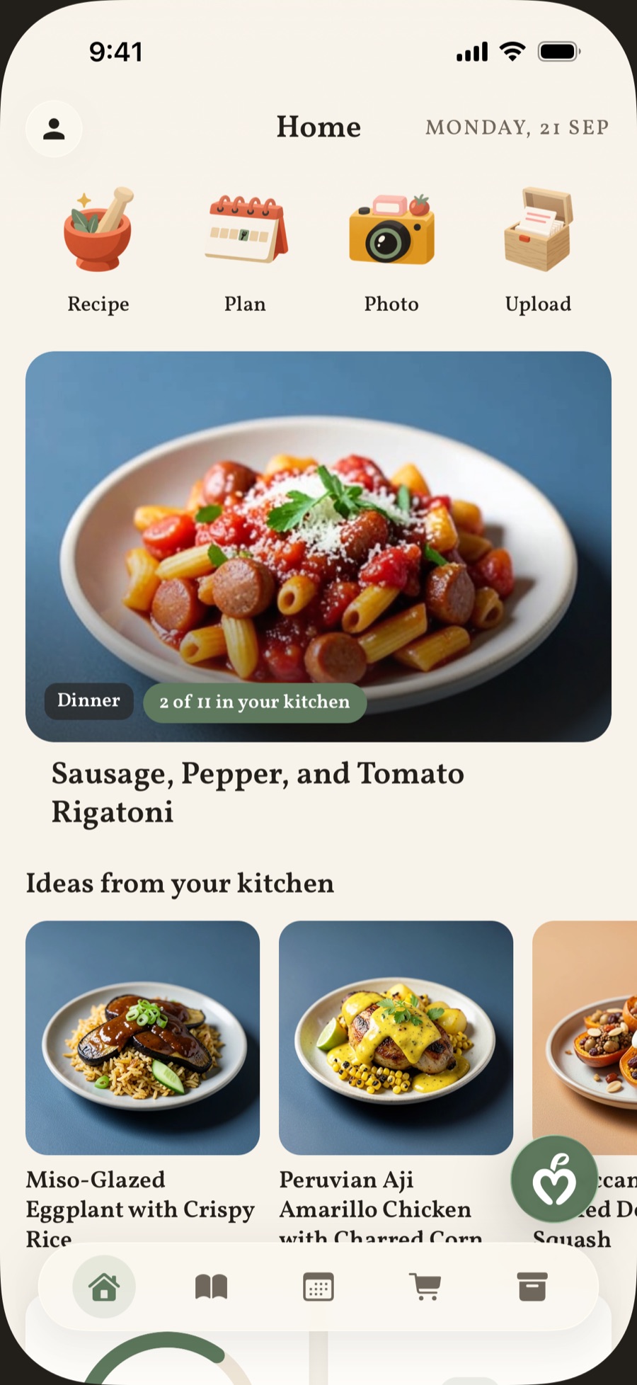 MealPartner home screen: four doors to create a recipe, a plan, a photo scan or an upload, tonight’s dinner with a large photo, and ideas from the kitchen.