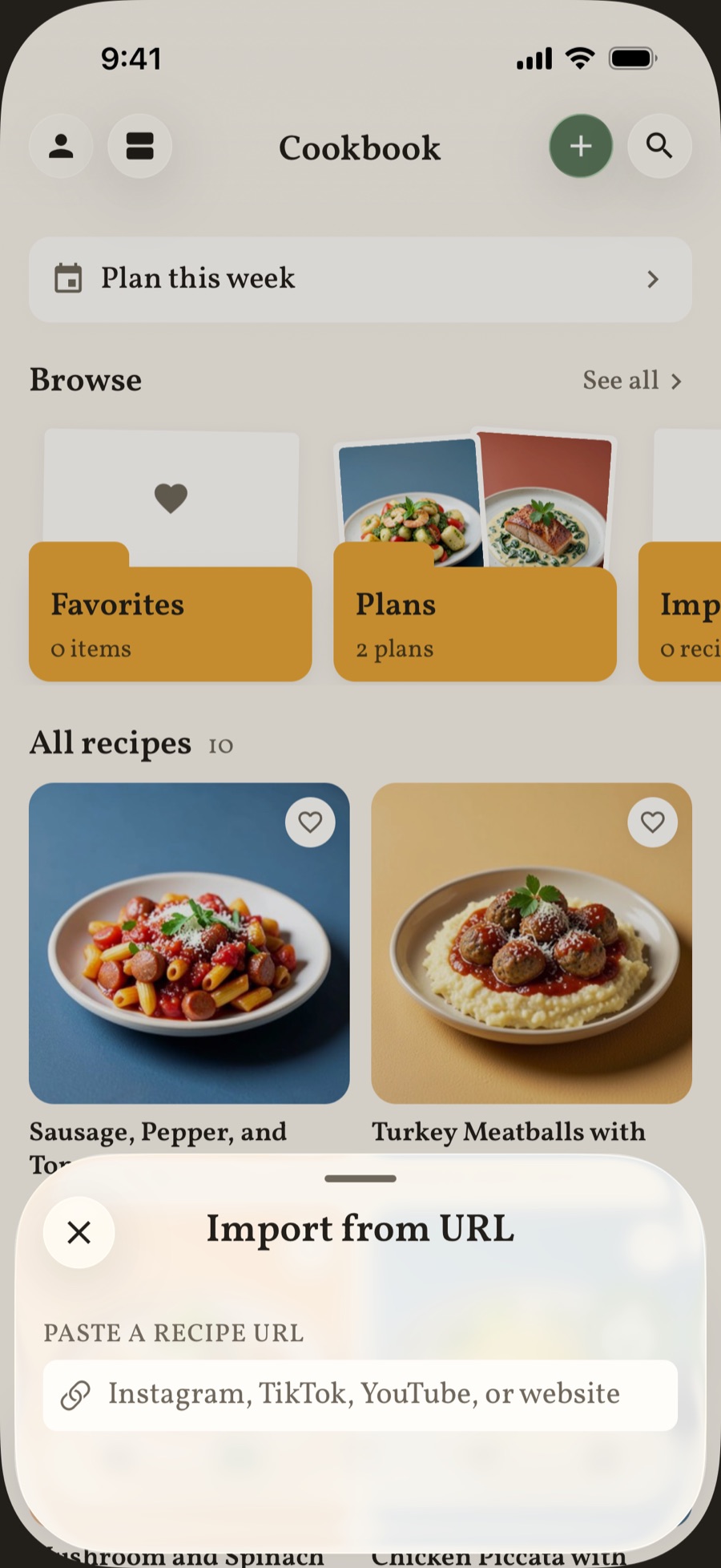 The Import from URL sheet over the cookbook, with a field for a link from Instagram, TikTok, YouTube, or a website.