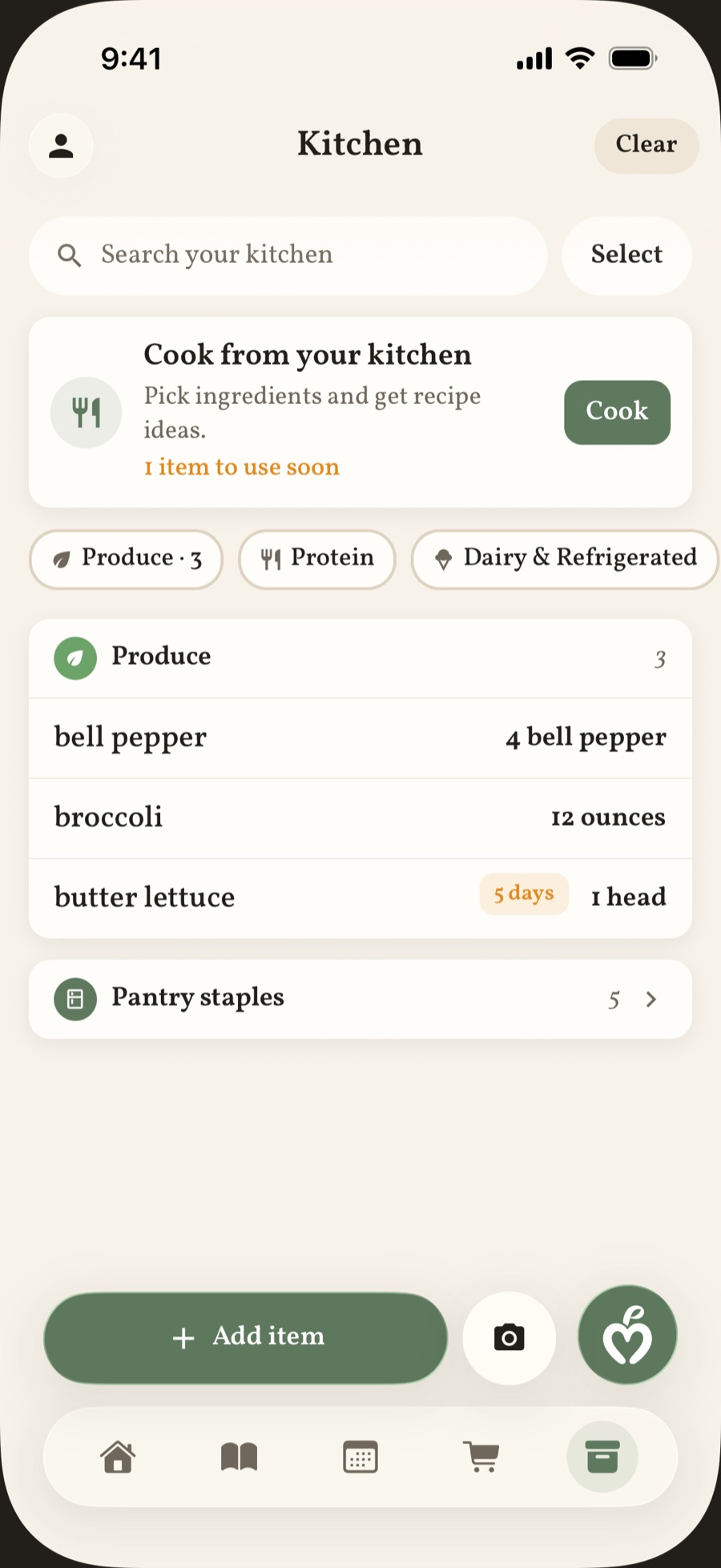 The kitchen inventory with produce items, one flagged to use in five days, and a card to cook from the kitchen.