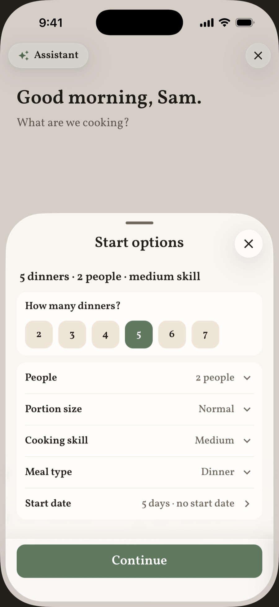 The meal plan options sheet: number of dinners, people, portion size, cooking skill, meal type, and start date.