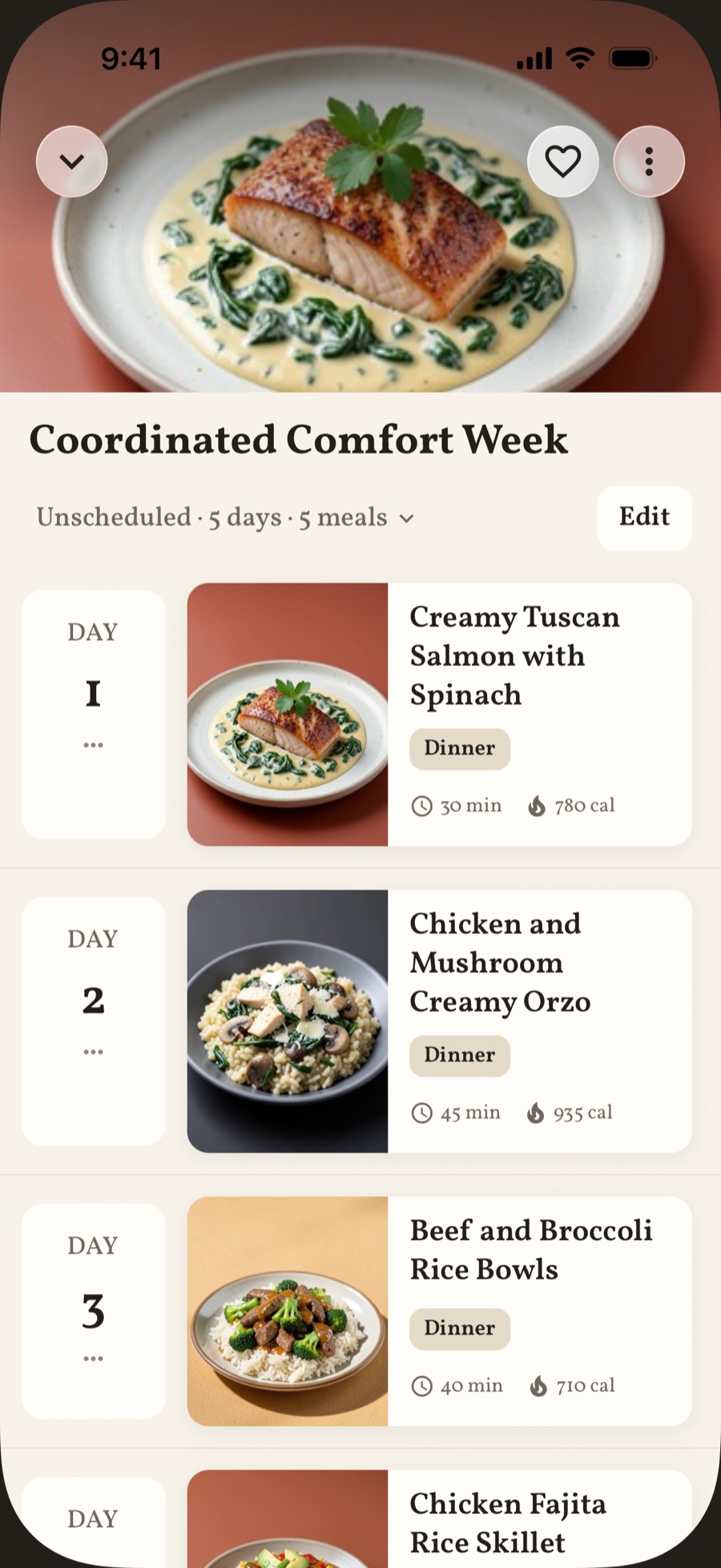 A five-day meal plan, Coordinated Comfort Week, with one dinner for each day and a photo, the cooking time, and the calories for each.