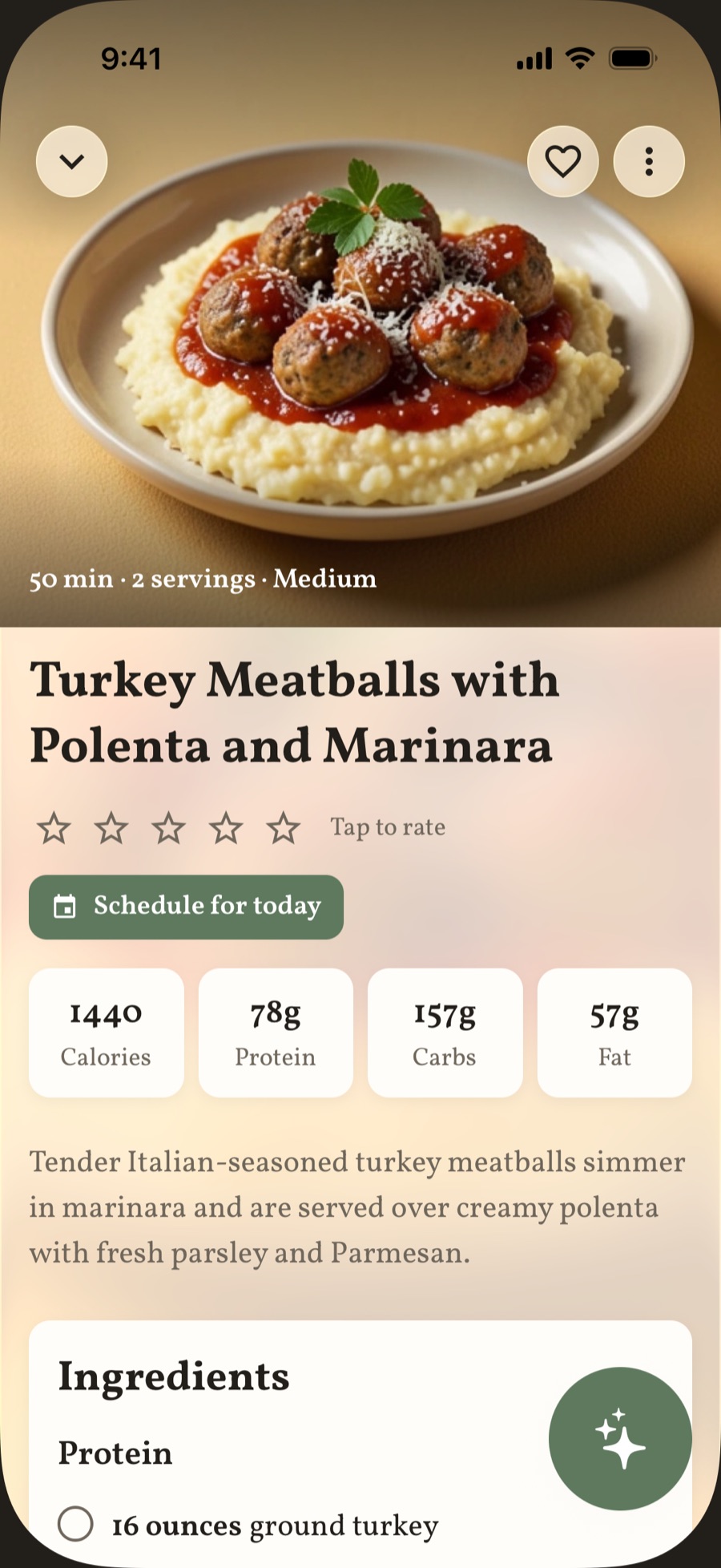 A recipe page: a large photo, the title, time, servings and difficulty, the rating, nutrition values, and the start of the ingredient list.